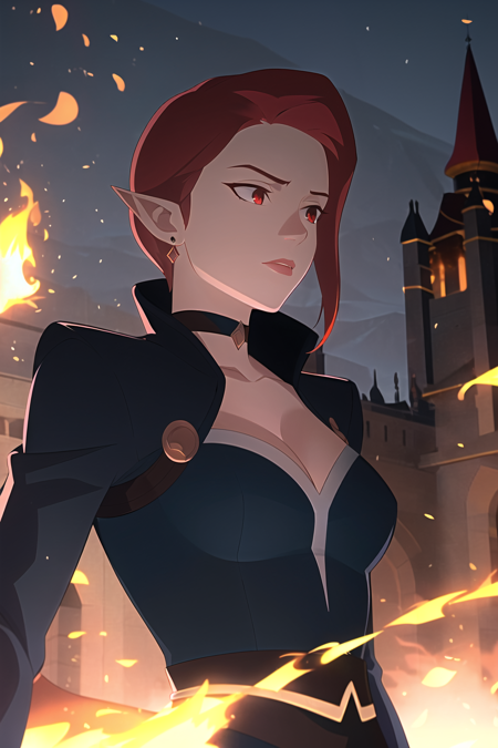 3978522318-642911182-vox machina style, outdoors, castle far away,_1girl, fire, red hair, pointy ears, red eyes, short hair, bob haircut, solo, breas.png